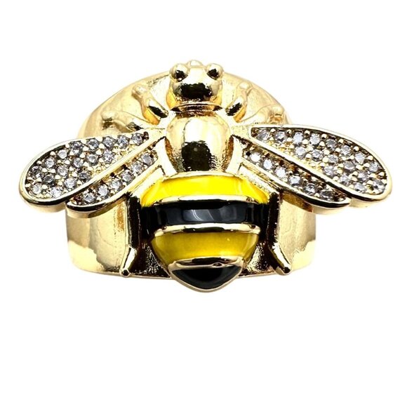 Bee Ring Clear Crystal Black Yellow Enamel 18K Gold Plated Adjustable Size New - Picture 2 of 6